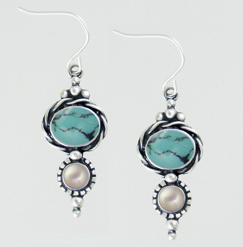 Sterling Silver Drop Dangle Earrings With Chinese Turquoise And Cultured Freshwater Pearl